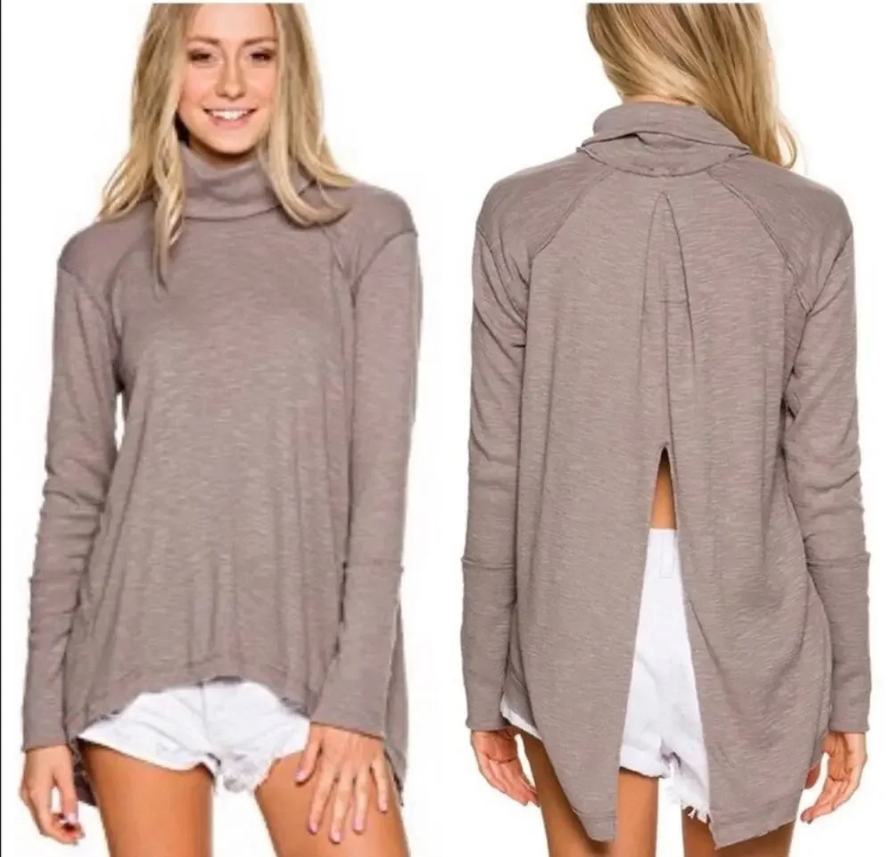 Free People Top Split Back Turtleneck Nutmeg Brown Blouse S Sweater Shirt Boho